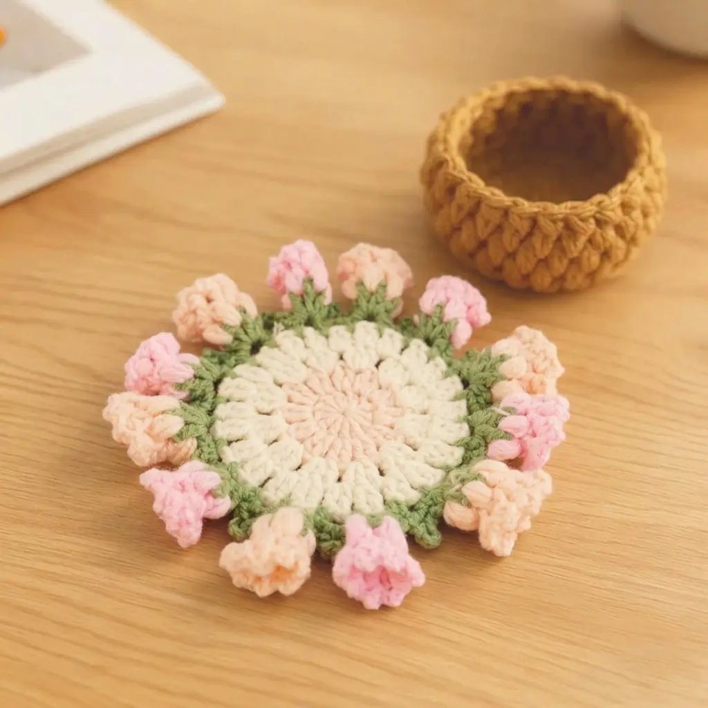 Handmade Crochet Flower Bouquet Coaster, Yarn Knitted Flower Cup Transform Bouquet, Mother's Day Gift, Gift for Mom Grandma, Valentine's Day Decor, Room Decor