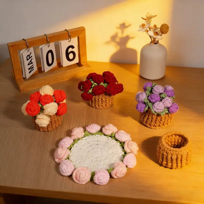 Handmade Crochet Flower Bouquet Coaster, Yarn Knitted Flower Cup Transform Bouquet, Mother's Day Gift, Gift for Mom Grandma, Valentine's Day Decor, Room Decor